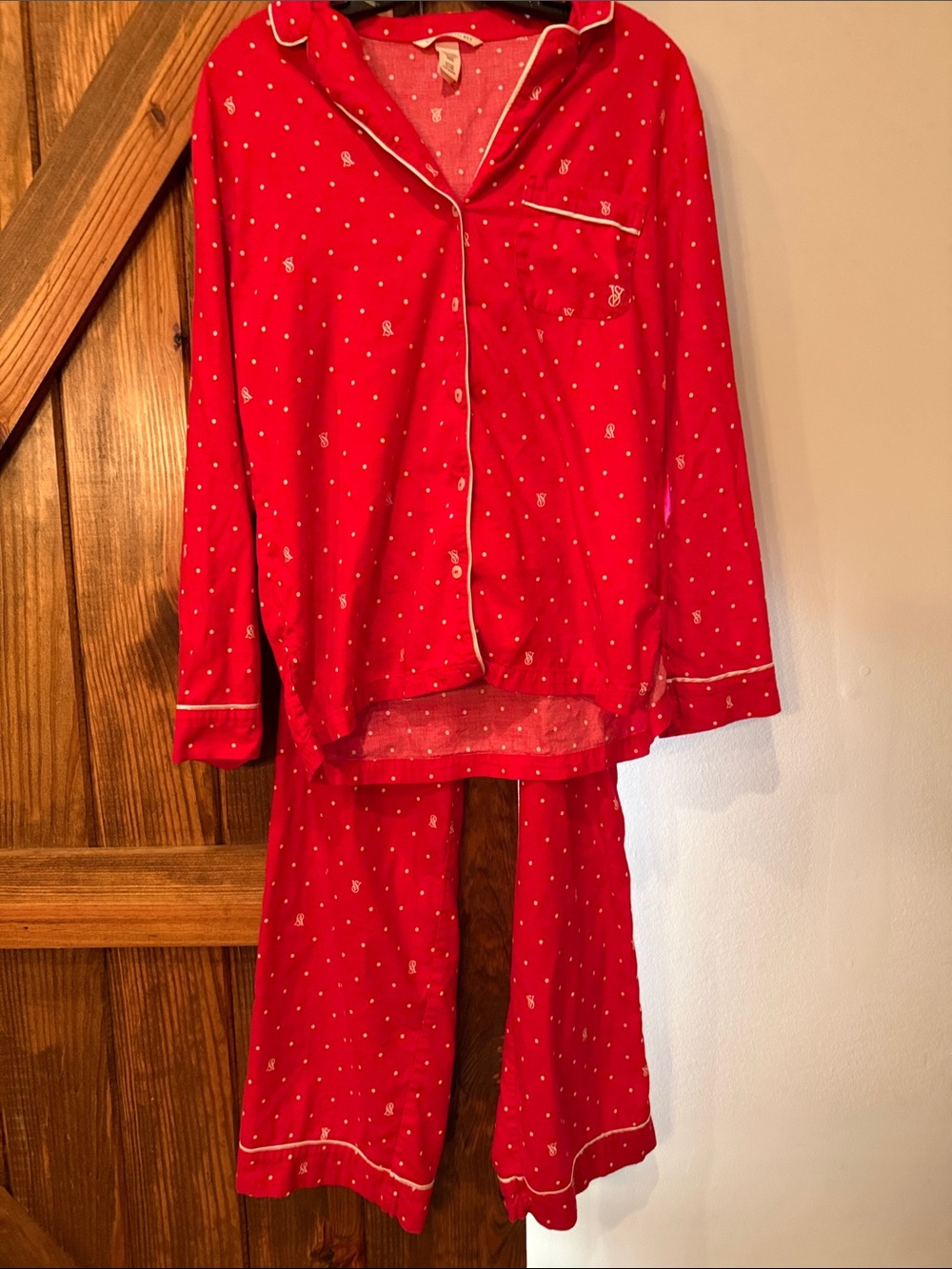 Victoria's Secret Lipstick Red Pajama Set with White Piping-Size Small